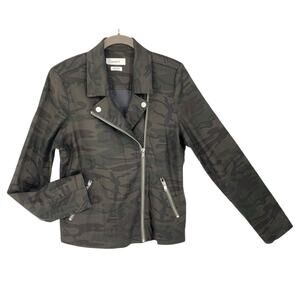 Level 99 Green Camo Moto Jacket Medium Collared Linen Lightweight Stretch Boho